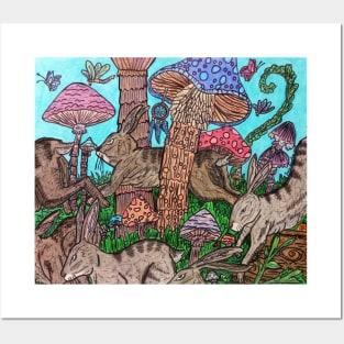 Rabbits Running Through Mushroom Forest Posters and Art